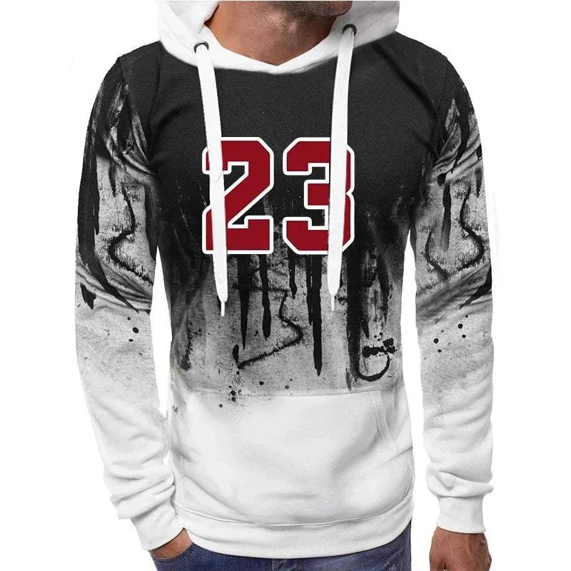 Men's casual hoodies jogging sweatshirt with 23 print, white hood, and black to white gradient design for autumn winter sportswear