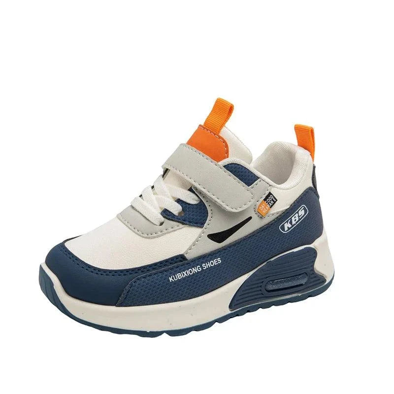 Children's PU leather sport shoe in white, navy, and orange, soft-soled and anti-slippery sneakers for boys and girls.