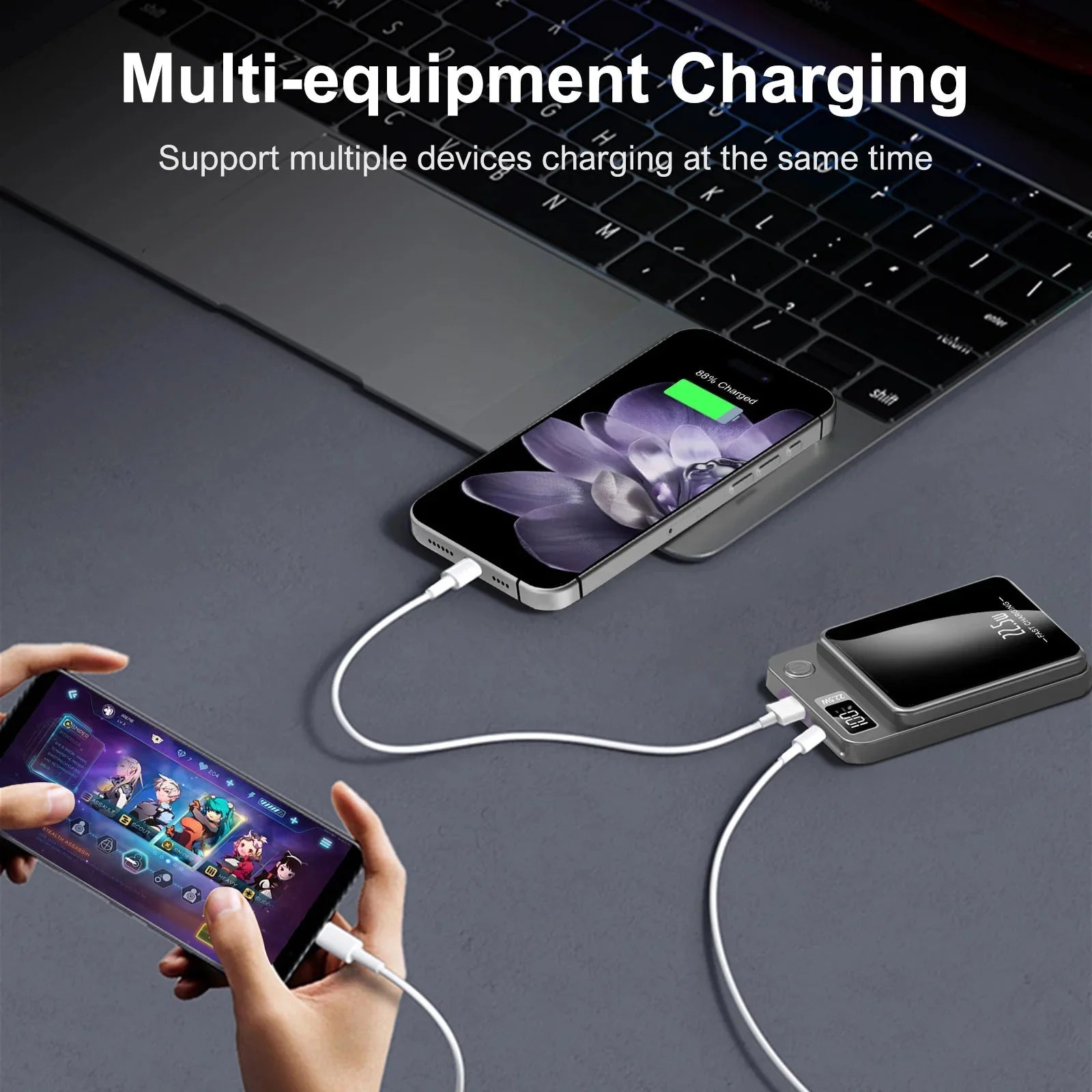Magnetic charger power bank with wireless 22.5W charging, LED display, and foldable stand charging multiple devices simultaneously
