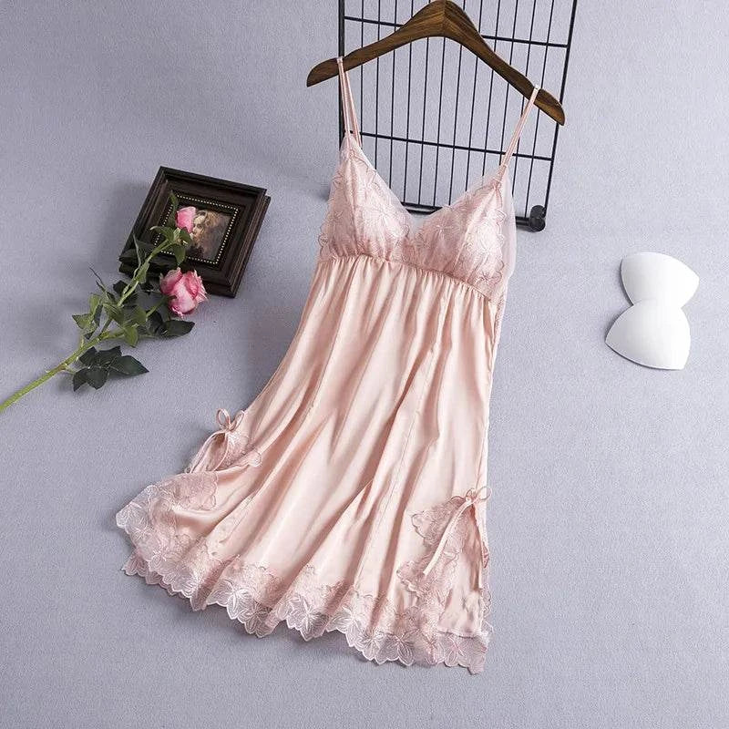 Summer Sexy Strap Nightdress Women Chemise Nightgown Lace Bathrobe Sleepwear Dressing Gown Lingerie Satin Dress Loungewear - SMSB 66