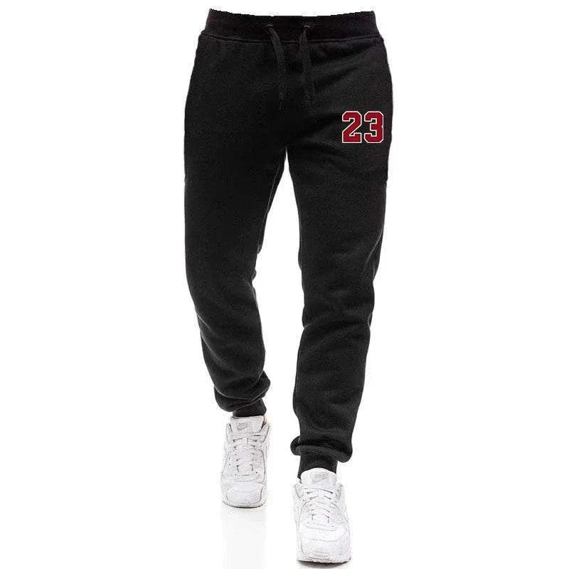 Black men's casual jogging sweatpants with drawstring and red 23 applique, perfect for autumn and winter sports and daily wear