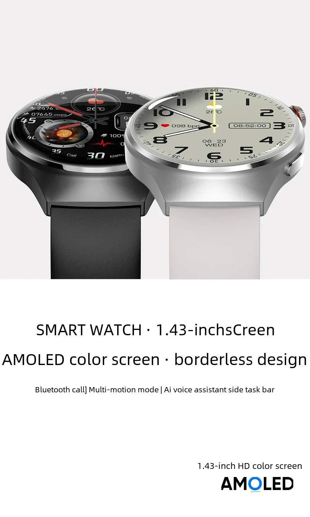 NFC men's smart watch with 1.43-inch AMOLED screen, Bluetooth call, heart rate detection, and outdoor sports features in black and silver designs.