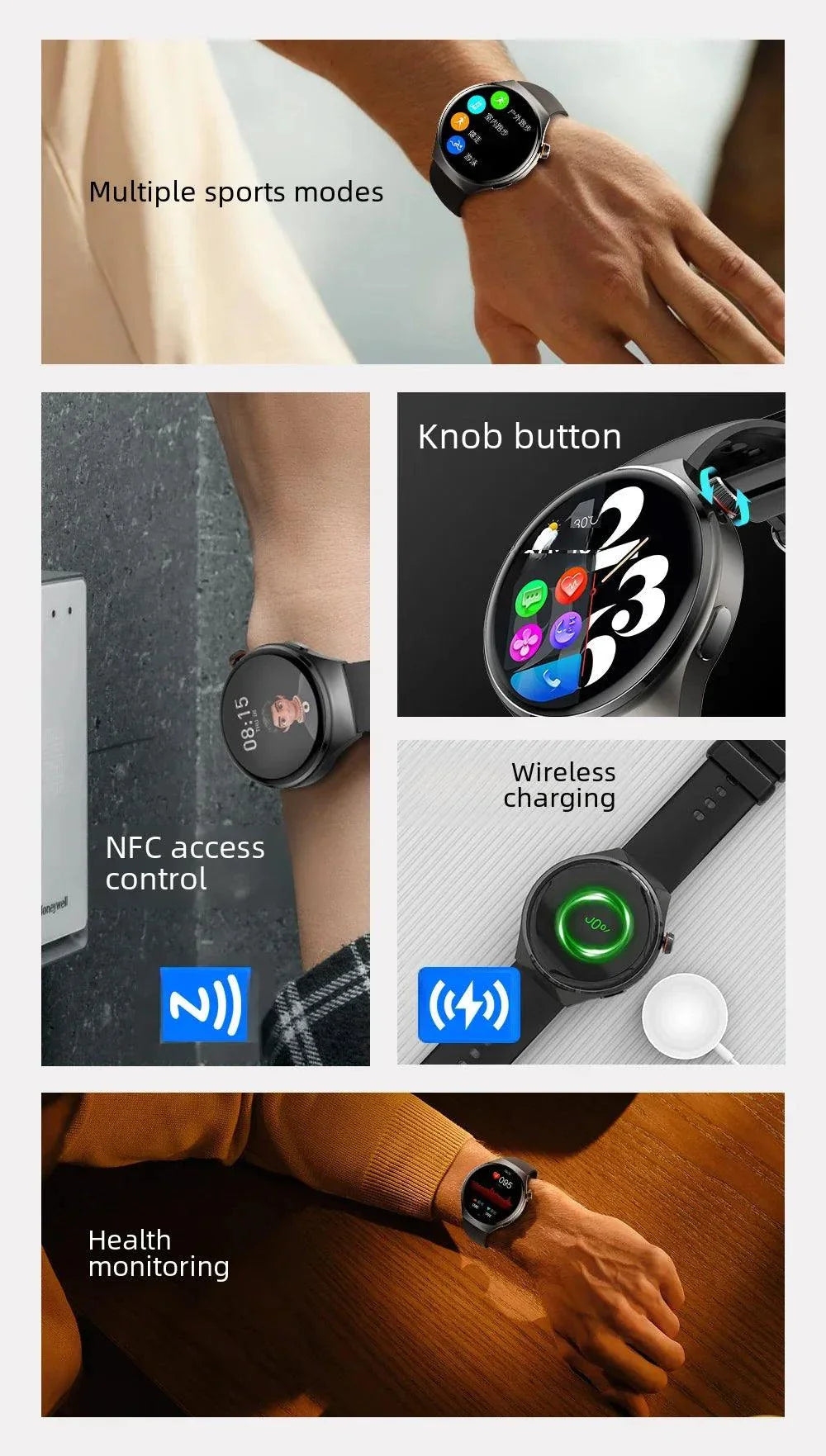 NFC men's smart watch with 1.43-inch AMOLED screen, Bluetooth call, heart rate and health monitoring, wireless charging, and multiple sports modes.