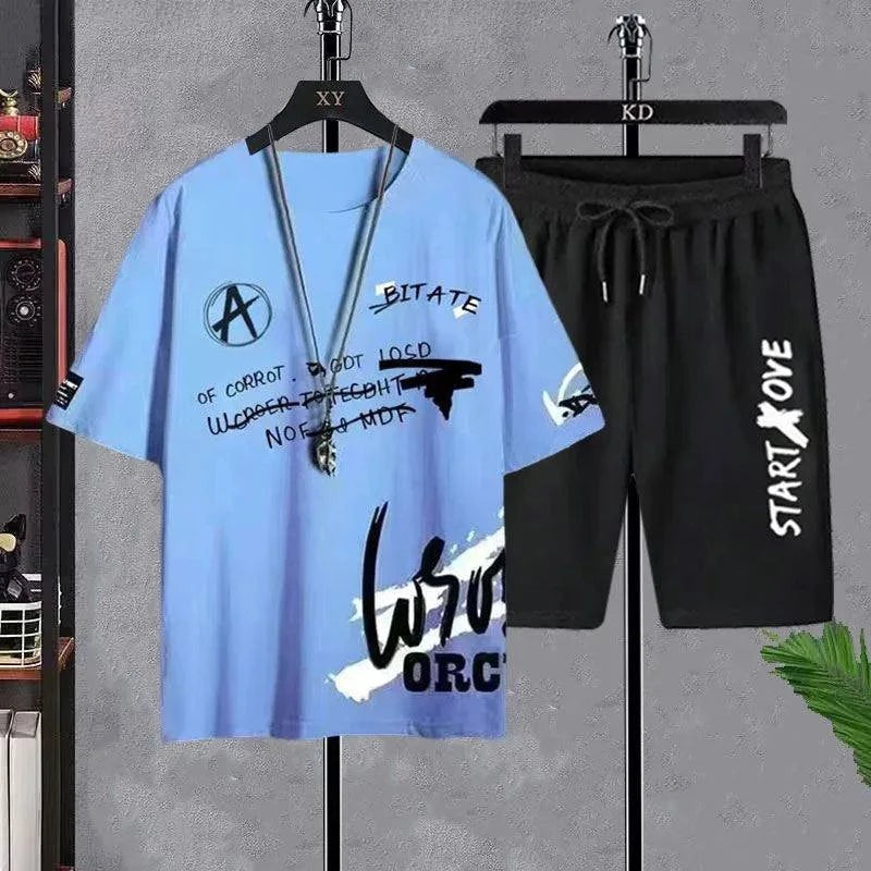 Summer Set for Men Clothes Casual Short Sleeve T Shirt+Short Sets 2 Piece Sets Men Y2K Tracksuits Oversized O-Neck Print T-shirt - SMSB 66