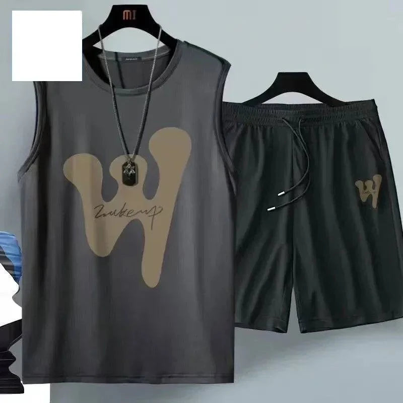 2024 Summer Men Clothing Harajuku Breathable fashion Sportswear Basketball suit casual short-sleeved T-shirt + shorts 2-piece - SMSB 66