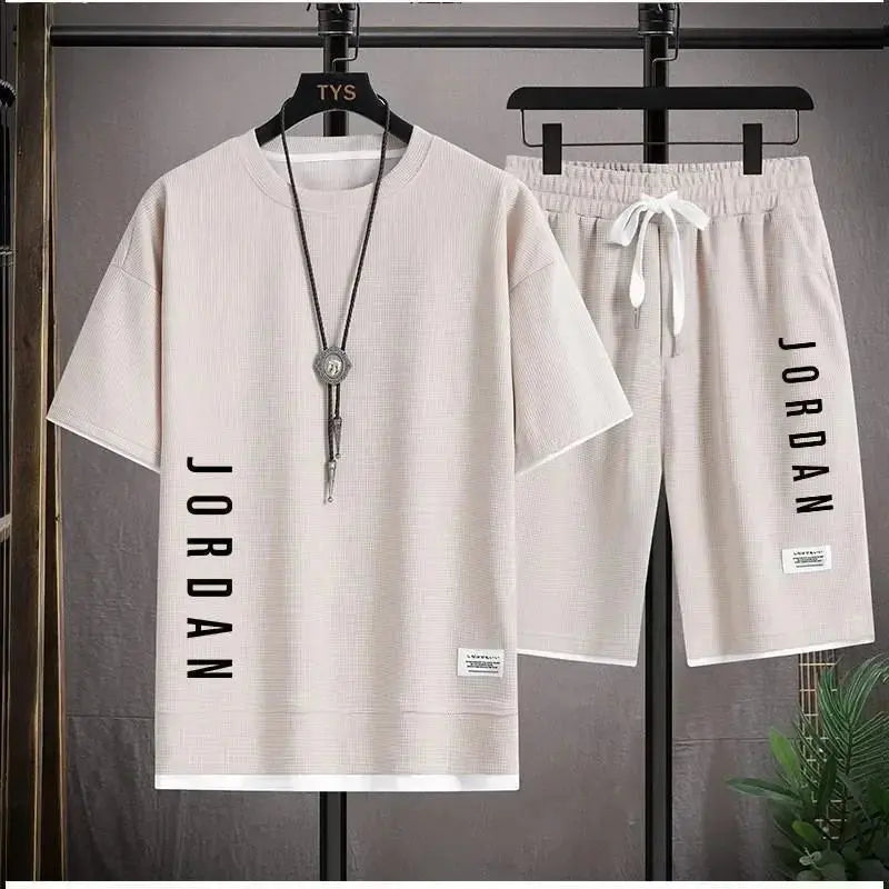 2025 Elegant casual T-shirt and shorts set for men's sports suit loose and comfortable summer waffle set for men SMSB 66