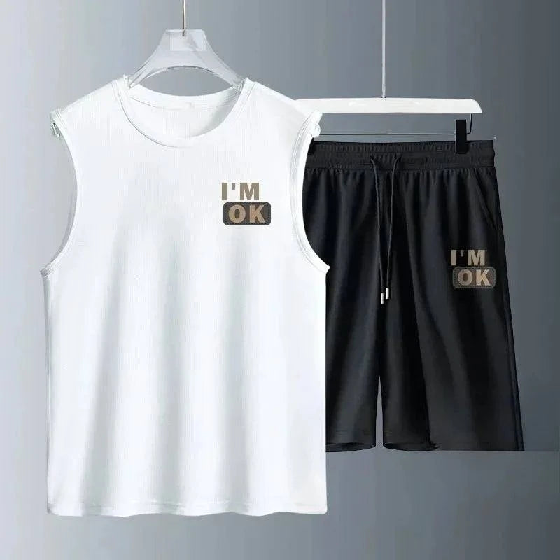2024 Summer Men Clothing Harajuku Breathable fashion Sportswear Basketball suit casual short-sleeved T-shirt + shorts 2-piece - SMSB 66