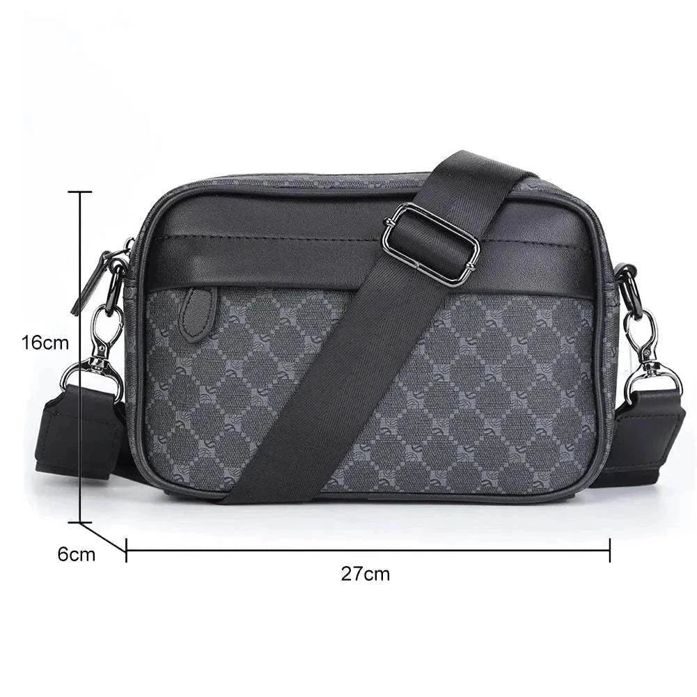 Black PU leather business shoulder bag for men with adjustable strap and zipper closure, 27x16x6cm compact design