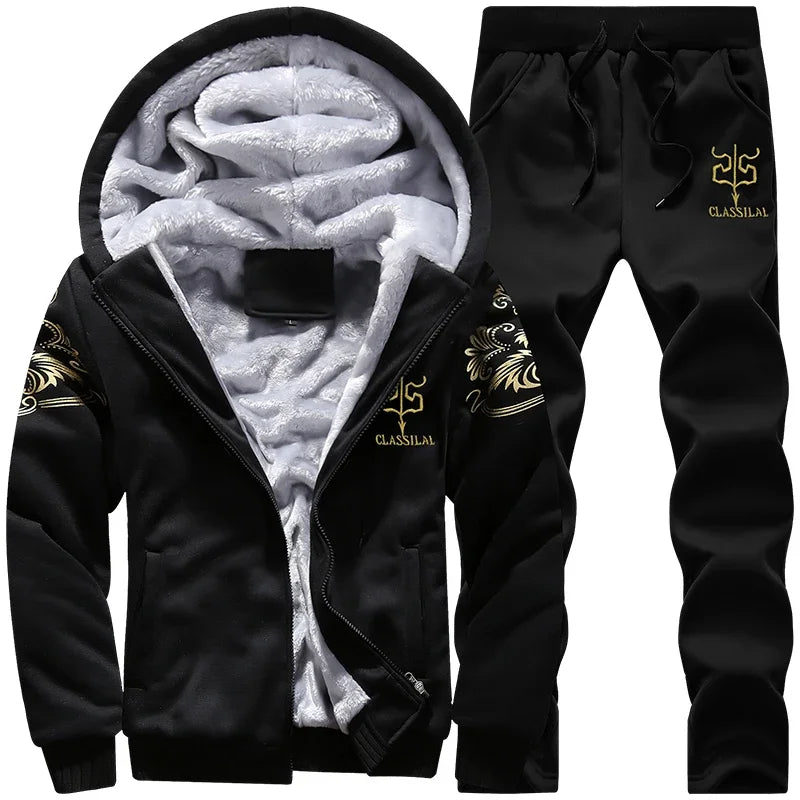 Men's autumn and winter sports set hooded casual cardigan jacket outdoor thickened warm sports shirt+pants two-piece set - SMSB 66