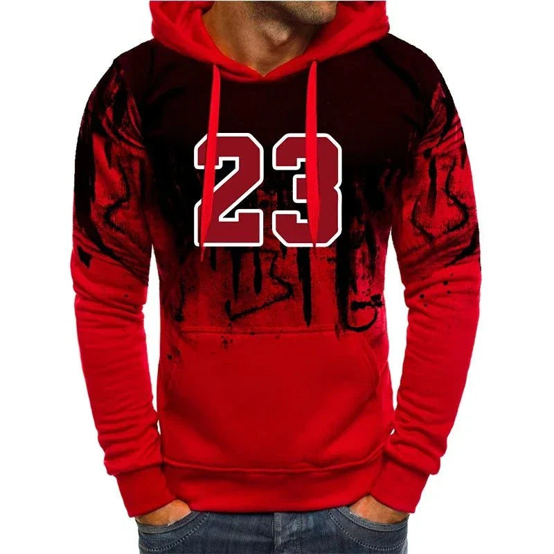 Red and black casual hoodies jogging sweatshirts for men with number 23 design, polyester knit fabric, autumn and winter sportswear