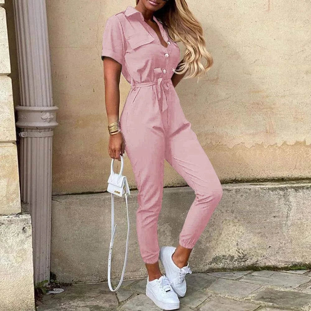 Women's Monochromatic Belt Workwear Jumpsuit, Casual Pants, Flip Collar, Buckle, European and American, Summer, 2024 - SMSB 66