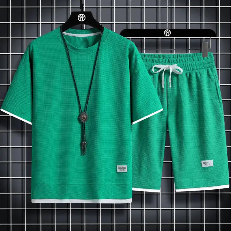 2024 new Summer Men's Waffle Sets Casual T-Shirt And Shorts Set Male Sports Suit Solid Color Tracksuit Loose Suits SMSB 66