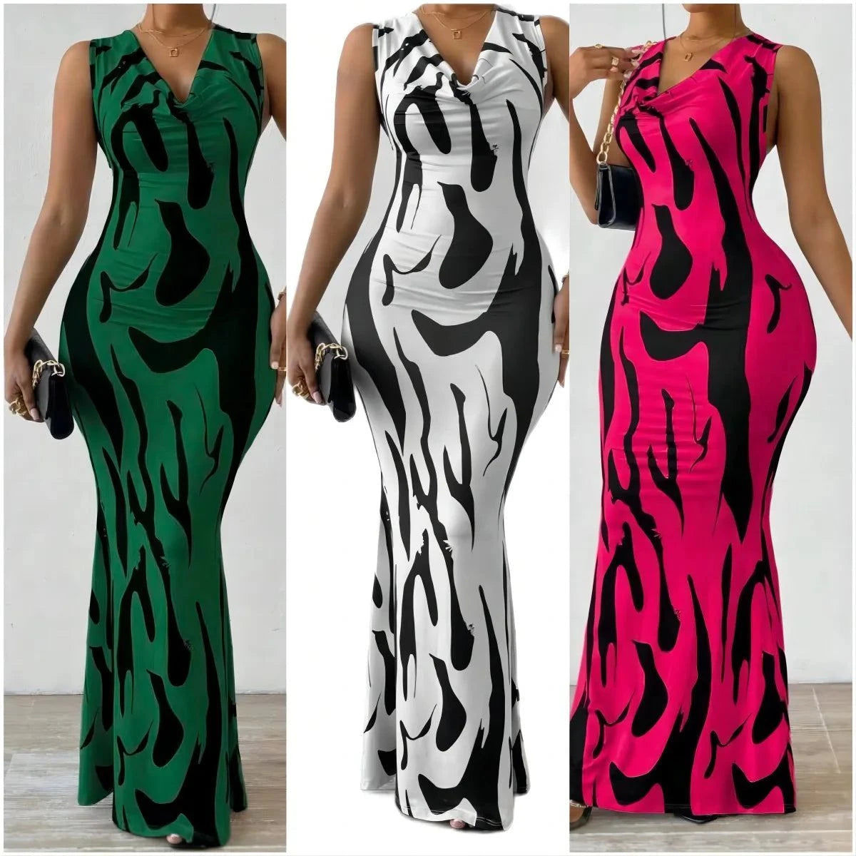 Women Print Dress Sleeveless Splice Slim Fit Long Dresses Midi Waist Wrap Hip Vestidos Elegant Office Lady Summer 2024 - SMSB 66