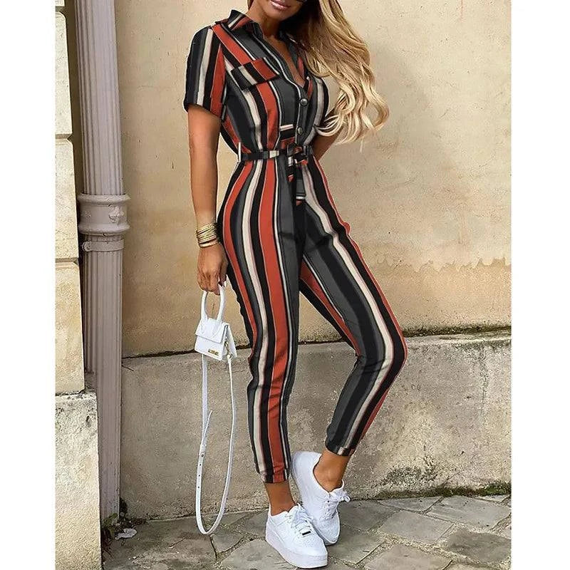 Women's Monochromatic Belt Workwear Jumpsuit, Casual Pants, Flip Collar, Buckle, European and American, Summer, 2024 - SMSB 66