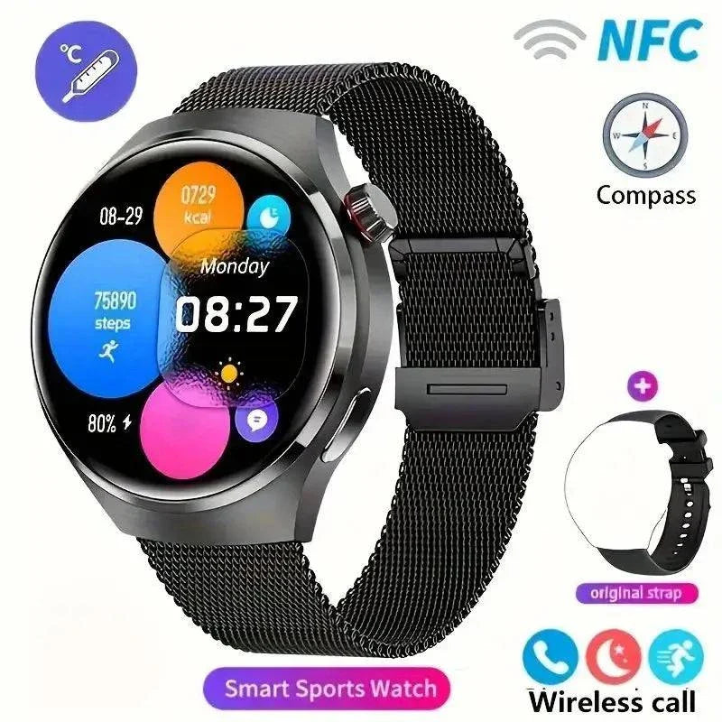 NFC men's smart watch with 1.43-inch AMOLED display, heart rate monitor, Bluetooth call, compass, and fitness tracking.