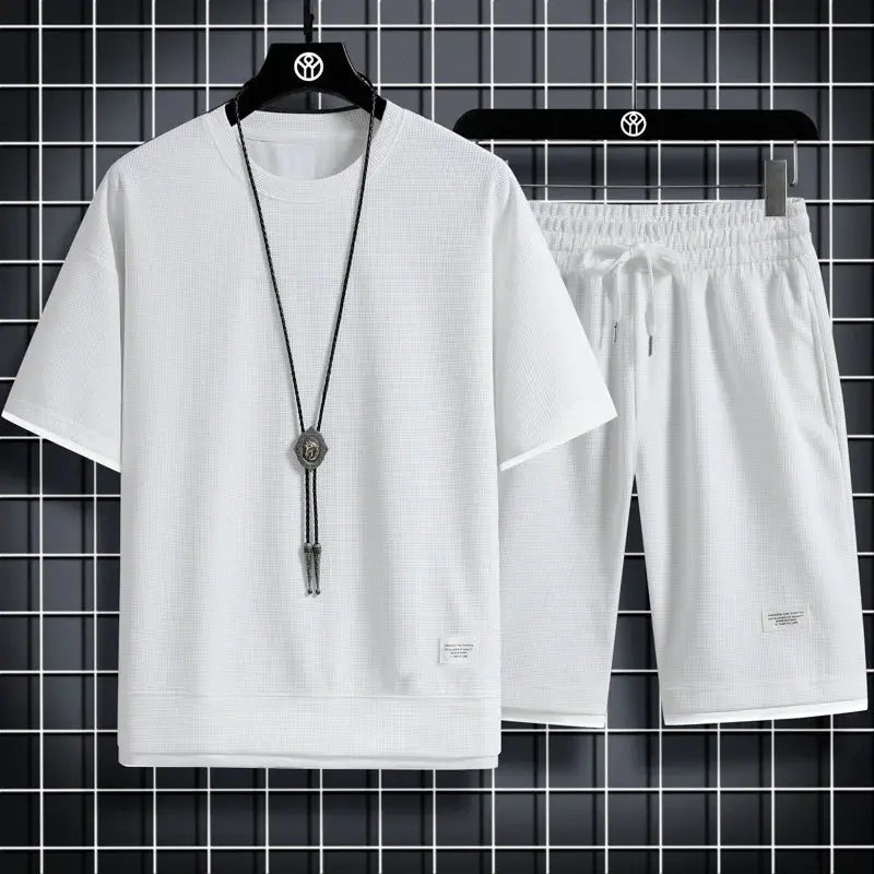 2024 new Summer Men's Waffle Sets Casual T-Shirt And Shorts Set Male Sports Suit Solid Color Tracksuit Loose Suits SMSB 66