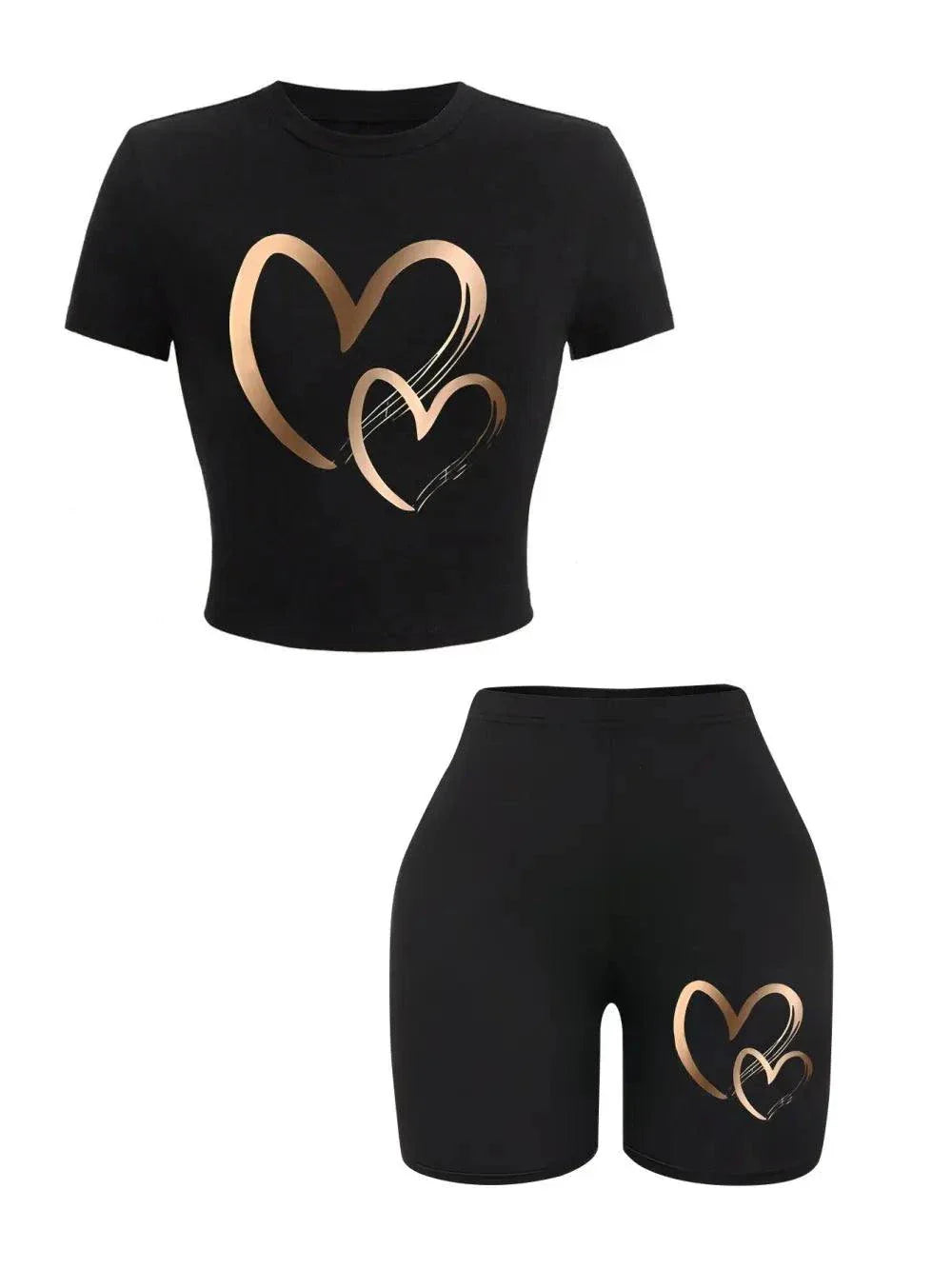Black summer women slim-fit T-shirt and shorts set with simple gold heart prints, high stretch knit fabric, elastic waist shorts.
