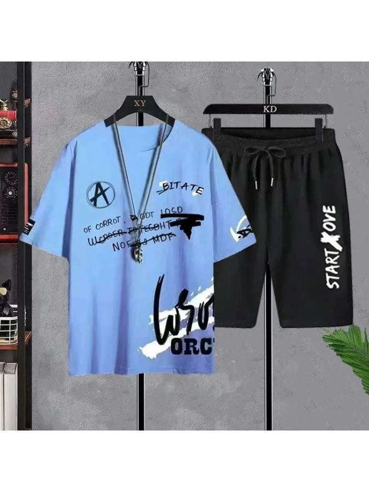 Summer Set for Men Clothes Casual Short Sleeve T Shirt+Short Sets 2 Piece Sets Men Y2K Tracksuits Oversized O-Neck Print T-shirt - SMSB 66