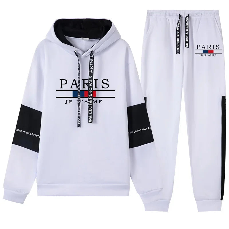 Autumn Winter Men Tracksuit Printing Casual Hooded Sweatshirt+Sweatpants 2 Piece Set Luxury Black White Daily Commuting Clothing - SMSB 66