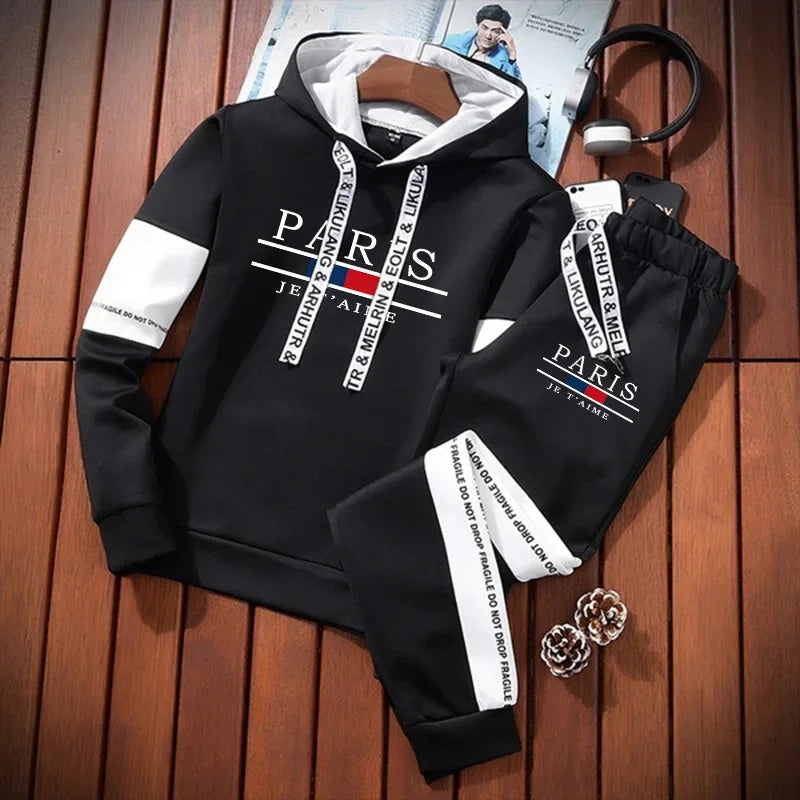 2025 Urban Fashion Street Style Hoodie Sportswear Paris Print Mens Sweatshirt Sweatpants Autumn Winter Casual Sporty Jogger Set - SMSB 66