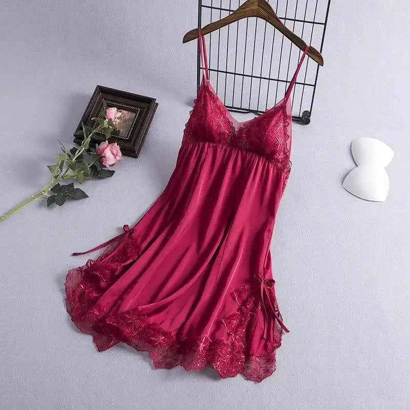 Summer Sexy Strap Nightdress Women Chemise Nightgown Lace Bathrobe Sleepwear Dressing Gown Lingerie Satin Dress Loungewear - SMSB 66