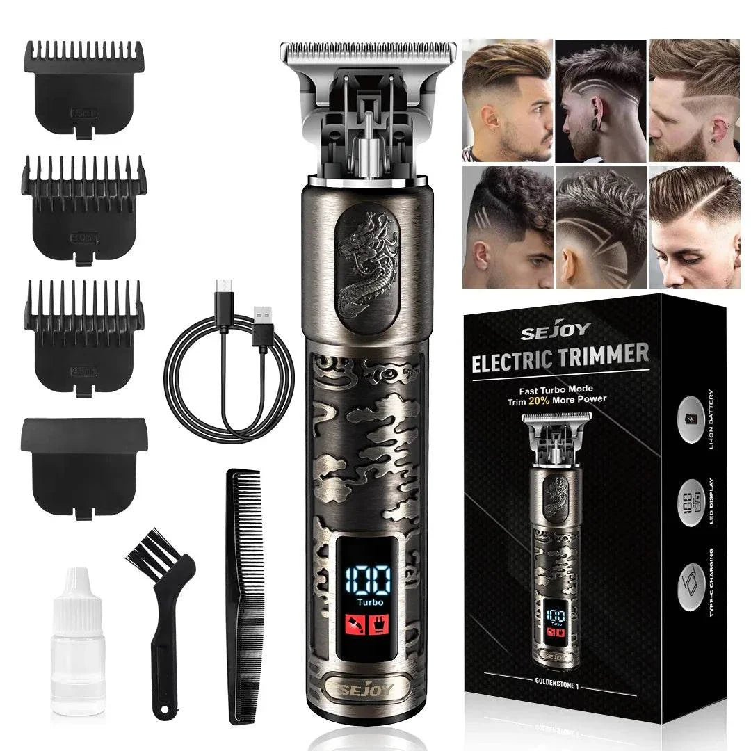 Sejoy Hair Clippers cordless electric trimmer kit with stainless steel blades, LED display, USB charging, and grooming accessories for men