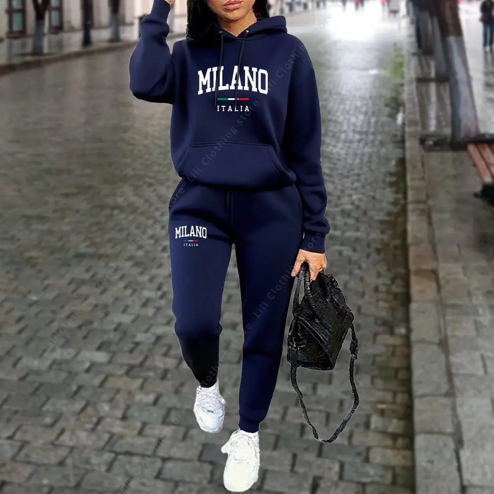 Autumn Winter Women's Sets 2pcs Hoodies Pants Suit Sports Outfits 2025 MILANO Letter Print Aesthetic Clothes Ladies Tracksuit - SMSB 66