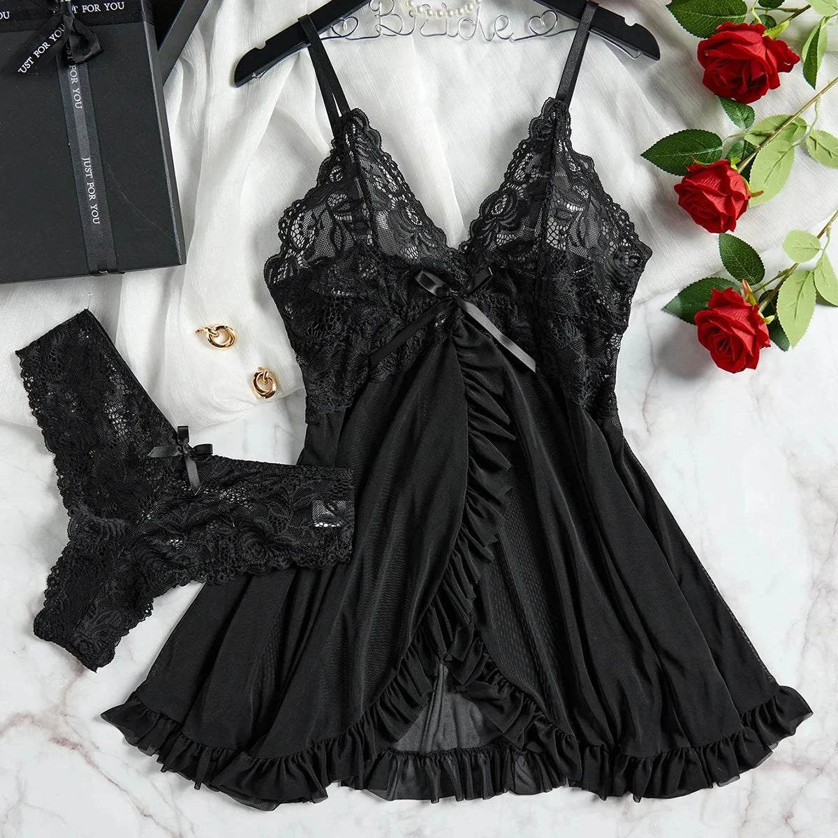 Sexy Lingerie Set Women Erotic Bra Nightdress Sexy Lace Sleepwear Solid Slim Soft Dresses V Neck Full Slip Sleepwear & Dresses - SMSB 66