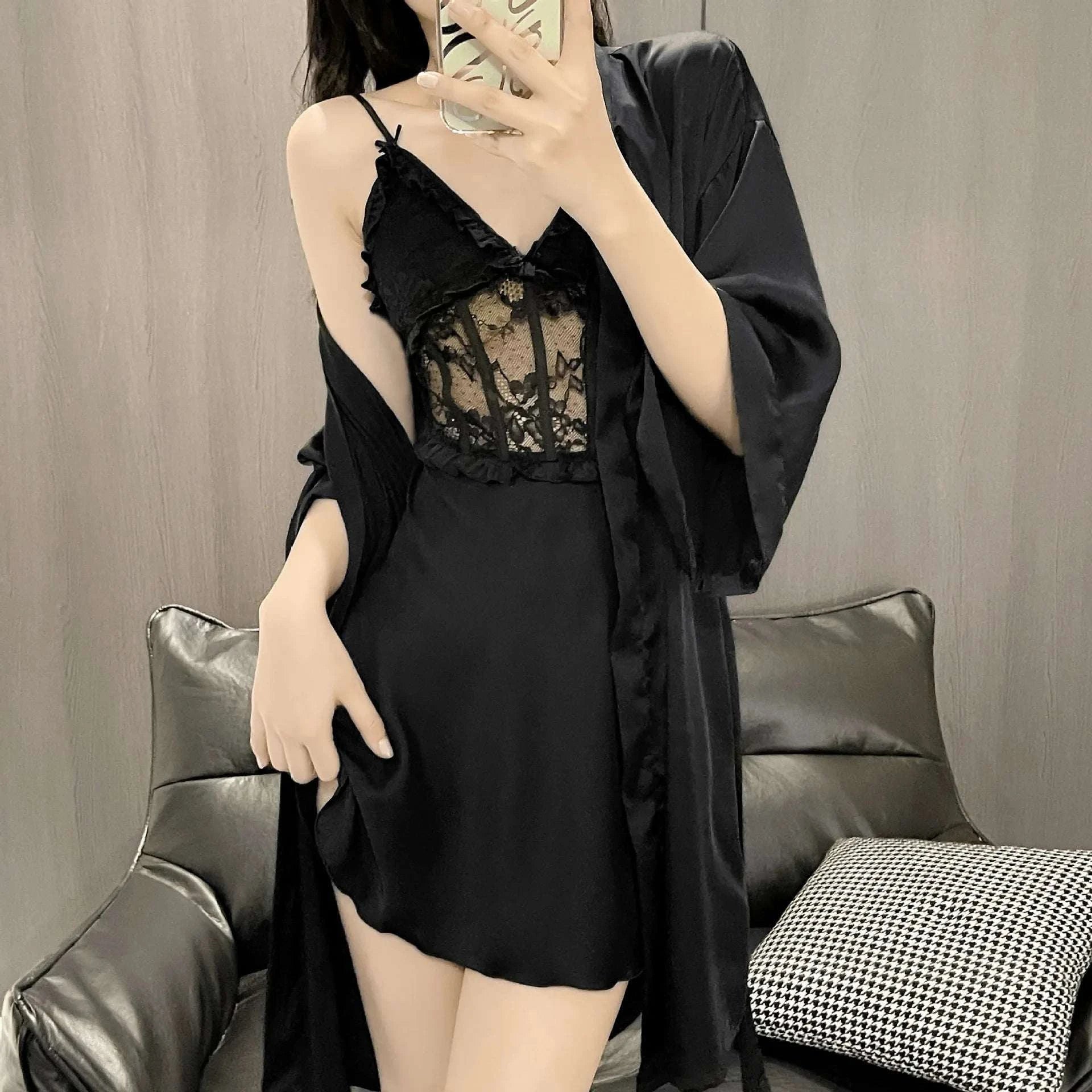 Sexy Sleepwear Women Night Dress Robe Sets Summer Deep V Satin with Chest Pads Lace Dress Home Wear Suits - SMSB 66