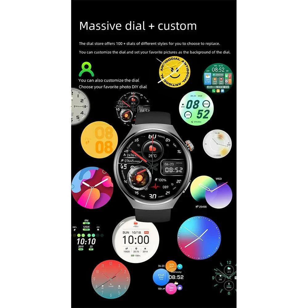 NFC men's smart watch with customizable AMOLED 1.43-inch round screen and multiple dial options