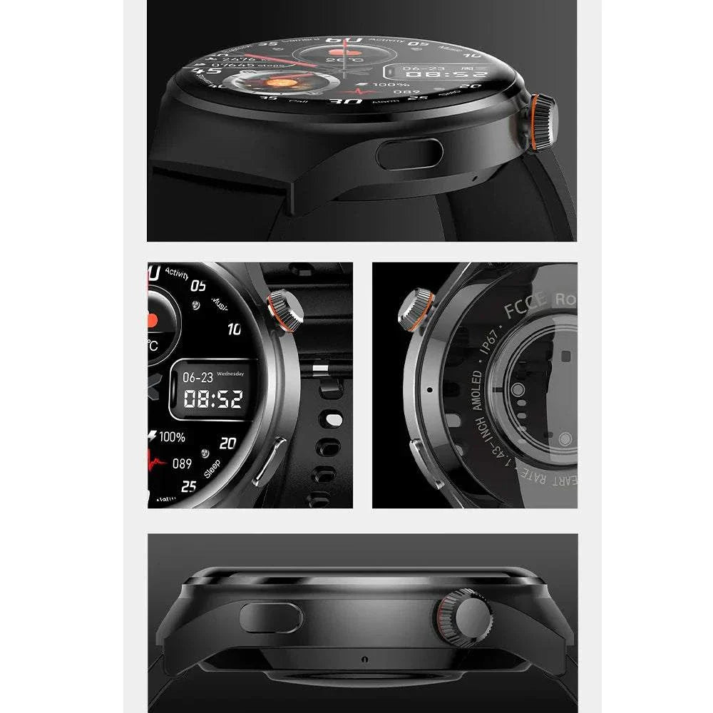 NFC men's smart watch with 1.43-inch AMOLED display, Bluetooth call, heart rate monitor, fitness tracking, and silicone band