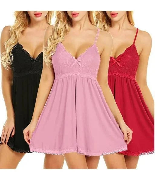 2025 New Sexy Lace Nightgown Womens V Neck Spaghetti Strap Chemise Lingerie Babydoll Sleepwear Mini Dress Nightie Plus Size Hot - SMSB 66