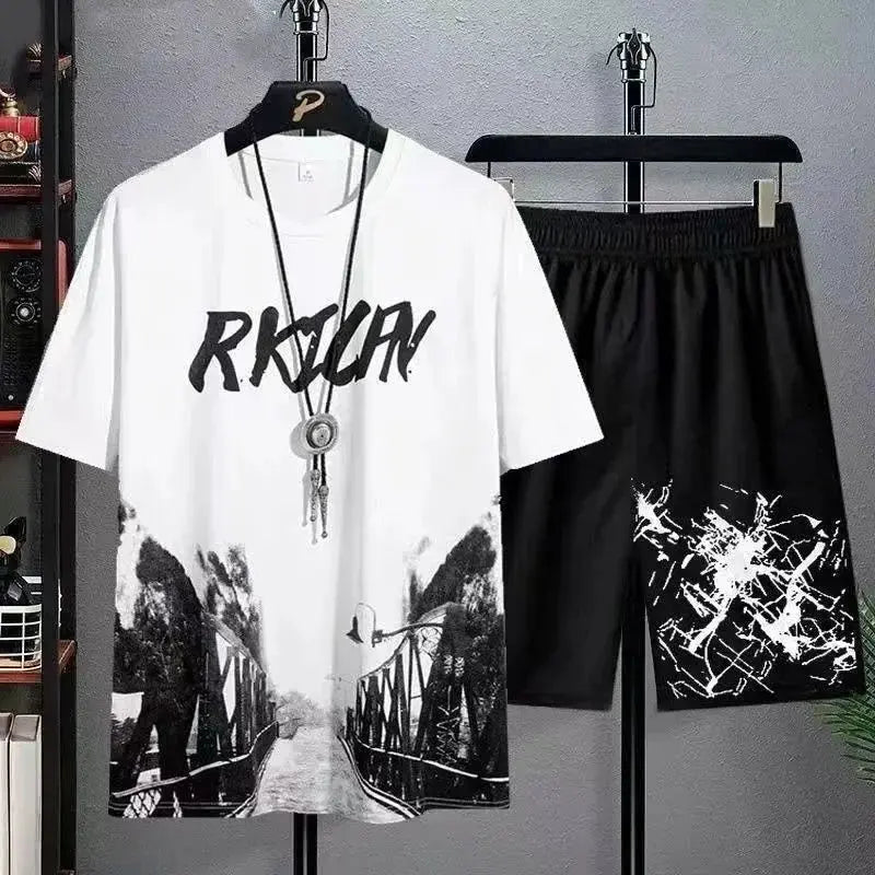 2024 Summer leisure Men set Manga Graffiti Tees T-shirt+shorts 2-piece Comfortable and breathable for men Top Print Tshirts sets SMSB 66