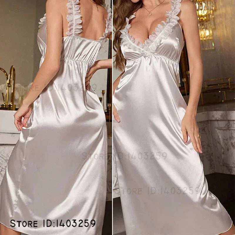 Female Chemise Sleepwear Suspender Nightgown Sexy Lace Night Dress Intimate Lingerie Summer New Silk Satin Homewear Loungewear - SMSB 66
