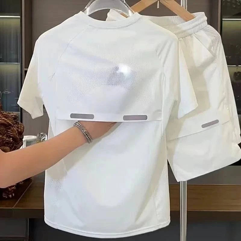 2024 Summer New Men's Breathable Perforated Ice Silk Short Sleeve Shorts Set Loose Quick Drying Sports and Leisure Two Piece Set - SMSB 66