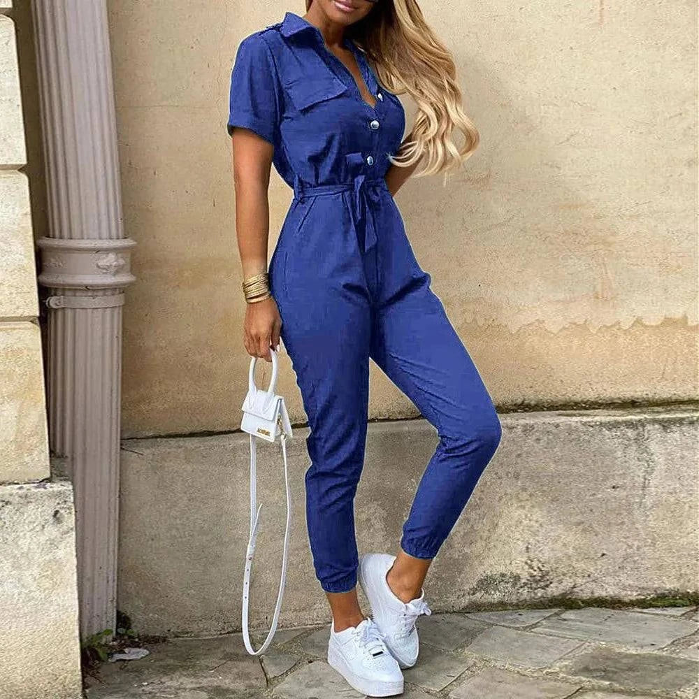 Women's Monochromatic Belt Workwear Jumpsuit, Casual Pants, Flip Collar, Buckle, European and American, Summer, 2024 - SMSB 66