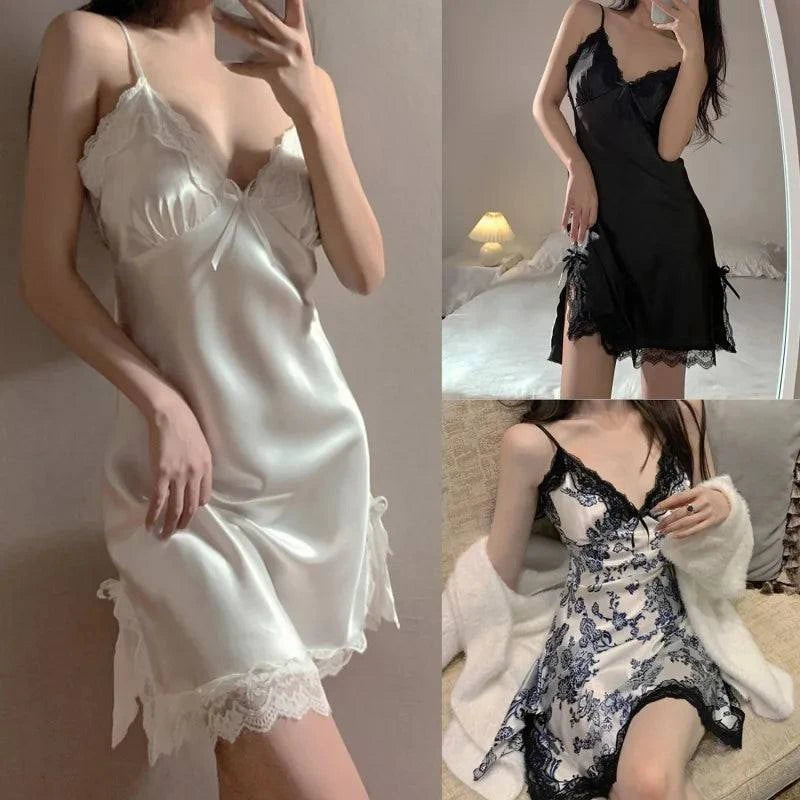 Women Sexy Lace V-neck Sleepwear Suspenders Nightdresses Female Sleeveless Nightwear Sleep Nightdress For Ladies - SMSB 66