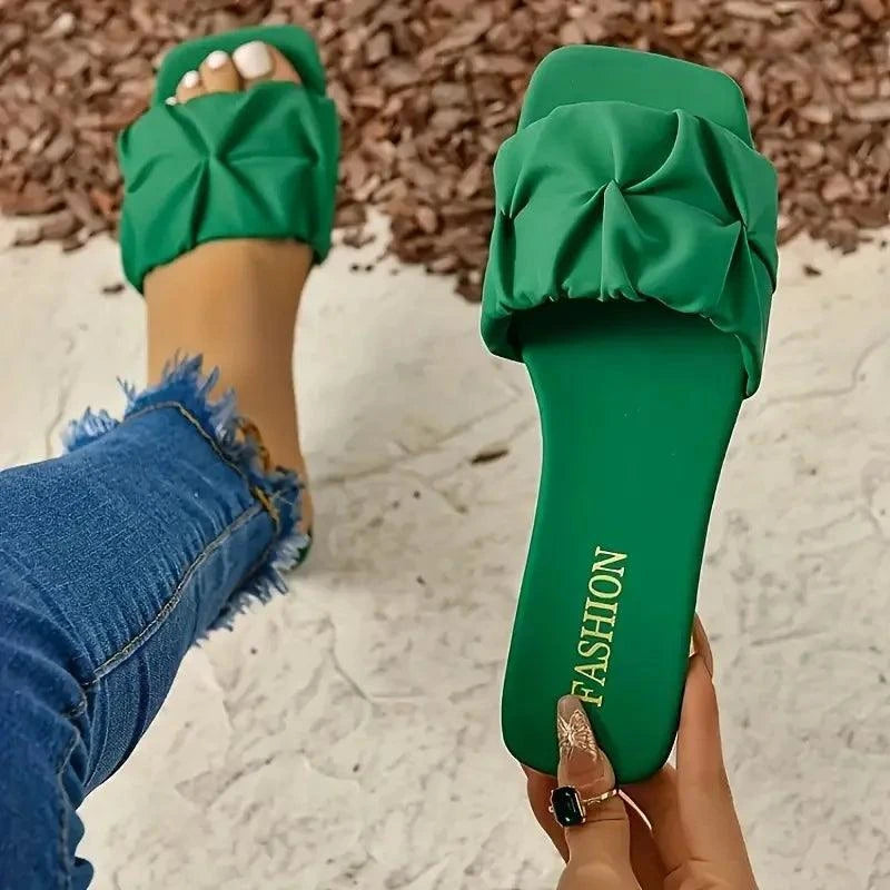 Summer Slippers for Women Flip Flops Flats New Pleated Korean Slippers Women Sandals Green Slip on Shoes Plus Size 35-43 - SMSB 66