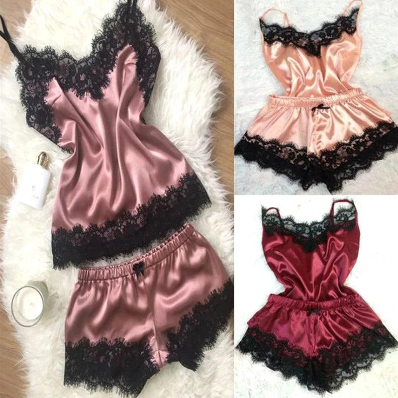 Fashion Nightwear Lace Trim Satin Cami Top Pajama Sets Sexy Hot Erotic Home Wear Women Pajamas Women Sleepwear Sleeveless Strap - SMSB 66