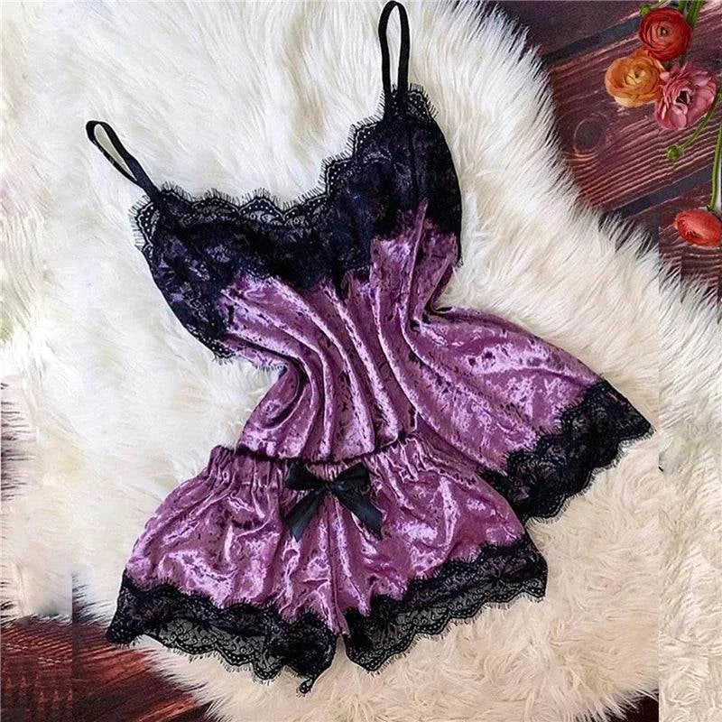 Sexy Lingerie Women Sleep Wear Camisole Bow Shorts V-Neck Tops Velvet Pajamas Sleepwear пижама женская Hot - SMSB 66