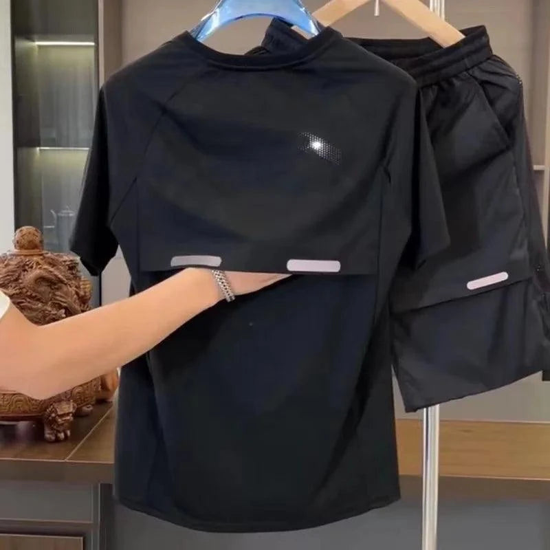 2024 Summer New Men's Breathable Perforated Ice Silk Short Sleeve Shorts Set Loose Quick Drying Sports and Leisure Two Piece Set - SMSB 66