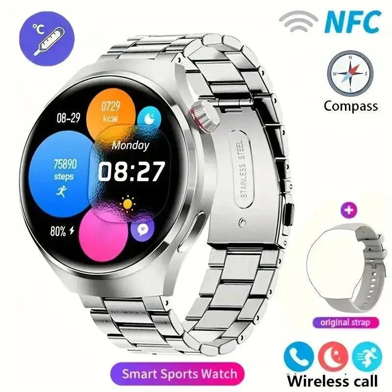 NFC men's smart watch with 1.43-inch AMOLED display, heart rate and sports tracking, stainless steel band, Bluetooth call, and compass features.