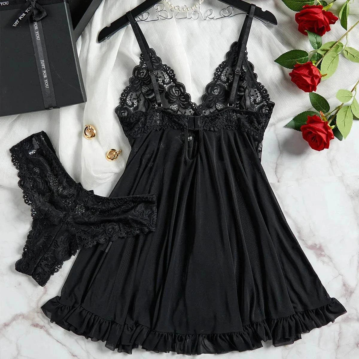 Women Sexy Nightdress Lace Chemise Bow Nightgown Sleepwear Mini Dress Deep V Babydoll Lingerie Sexi Sleepdress Nighty - SMSB 66