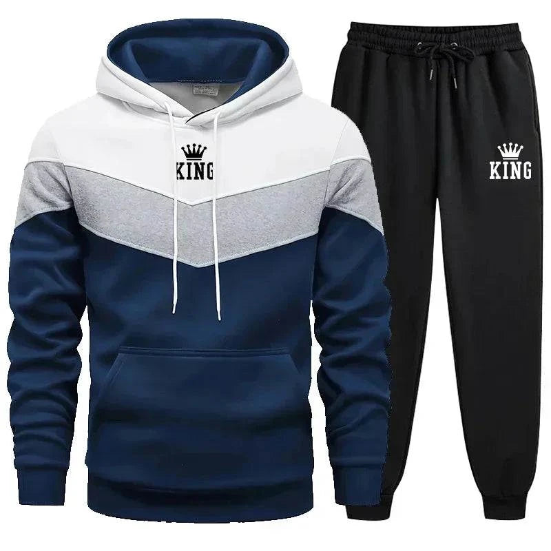 Mens Tracksuit King Printing Sports Suit Sports Hoodie+Pants 2 Piece Suit Casual Sweatshirt Suit Jogging Men's Splicing Clothing - SMSB 66