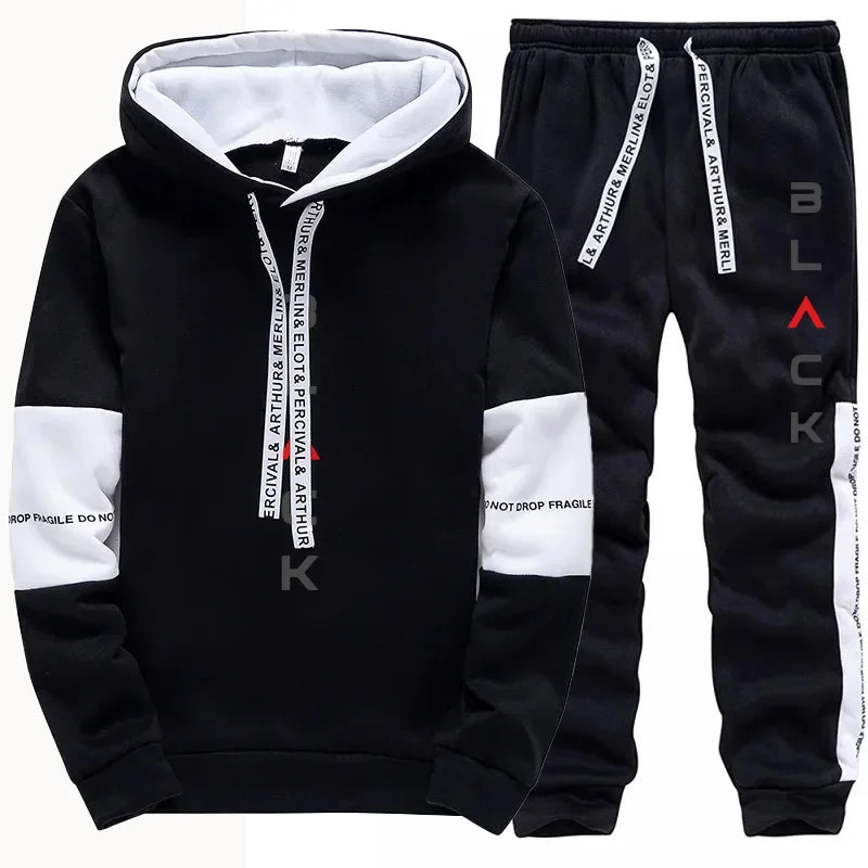 Black Letter Print Hoodie Sweatpants Urban Casual Fashion Men's Tracksuit Autumn Winter Home Outdoor Comfort Warm Sporty Outfits - SMSB 66