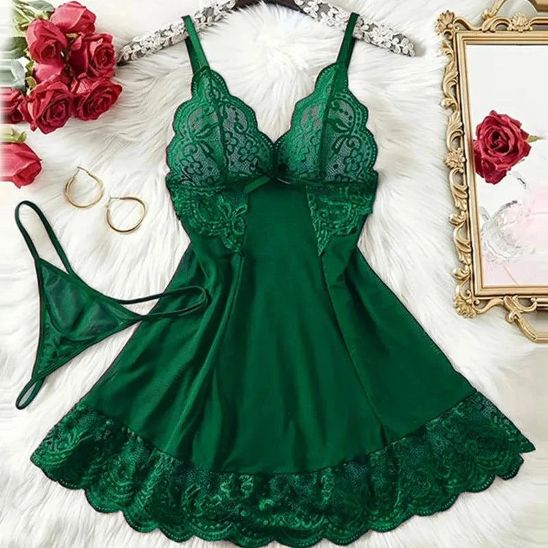 G-string Nightgown Set For Sexy Woman Summer Night Dress Ultra-thin See-through Pajama Sets Lace Sleepwear Suspender Lingerie - SMSB 66