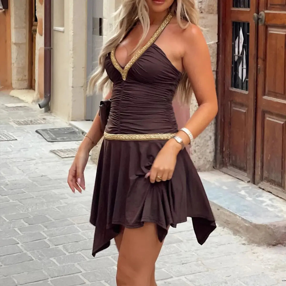 Sexy slim fit V-neck backless hanging neck dress eprolo