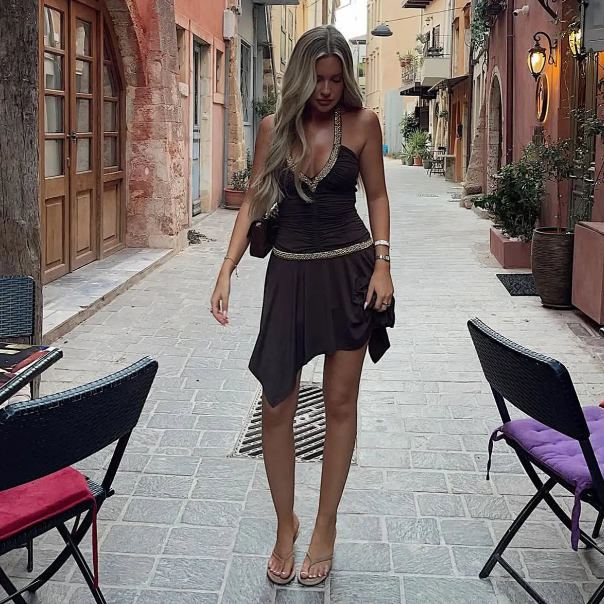 Sexy slim fit V-neck backless hanging neck dress eprolo