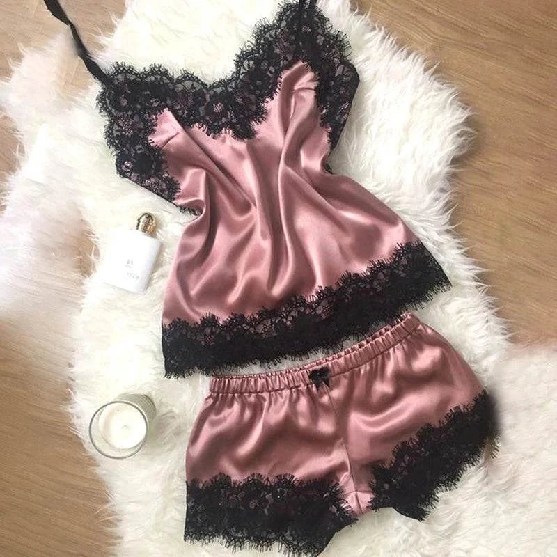Fashion Nightwear Lace Trim Satin Cami Top Pajama Sets Sexy Hot Erotic Home Wear Women Pajamas Women Sleepwear Sleeveless Strap - SMSB 66