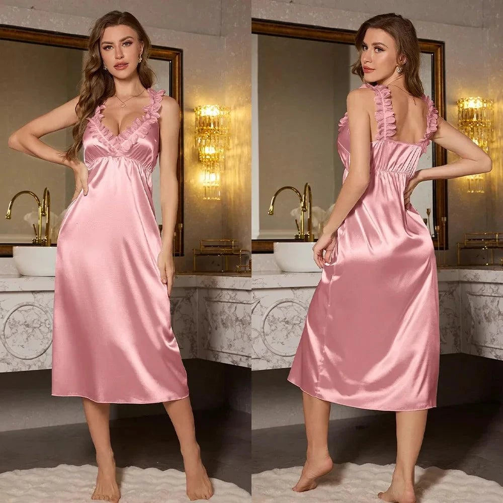 Female Chemise Sleepwear Suspender Nightgown Sexy Lace Night Dress Intimate Lingerie Summer New Silk Satin Homewear Loungewear - SMSB 66